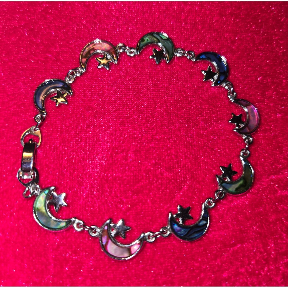 SJ Celestial Abalone Shell Crescent Moon and Star Silver Tone Link Bracelet 7.5"
